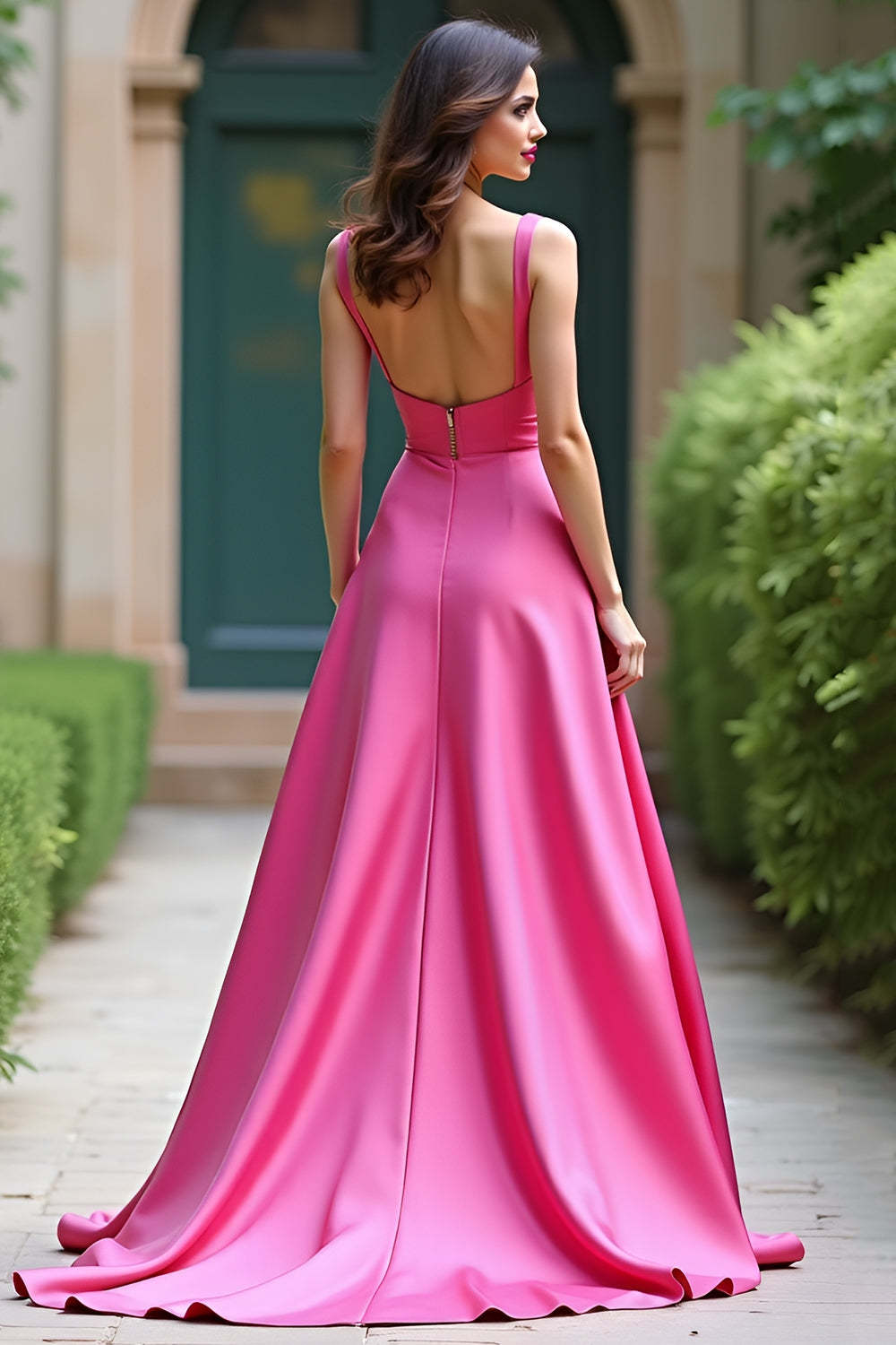 Dreamyannie Square Neck Satin A Line Fuchsia Wedding Guest Dress Long Prom Dress