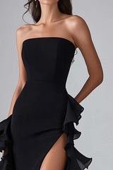 Dreamyannie Square Neck Satin Black Wedding Guest Dress Long Formal Dress With Slit