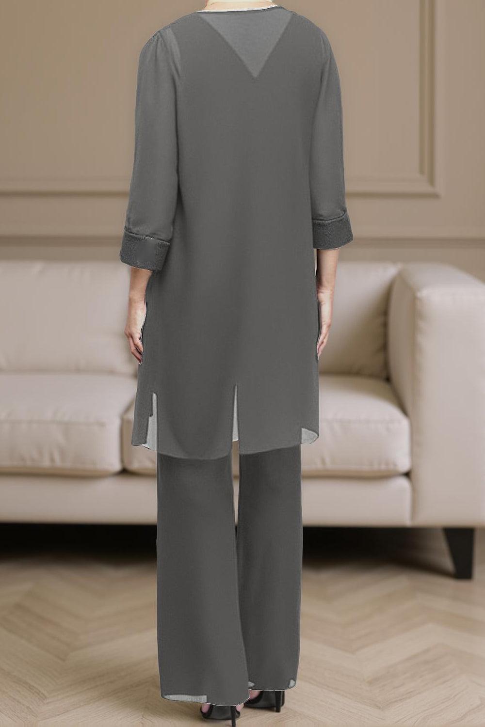 Dreamyannie Steel Grey Chiffon Boat Neck 3 Piece Mother Of The Bride Pant Suits With Jacket