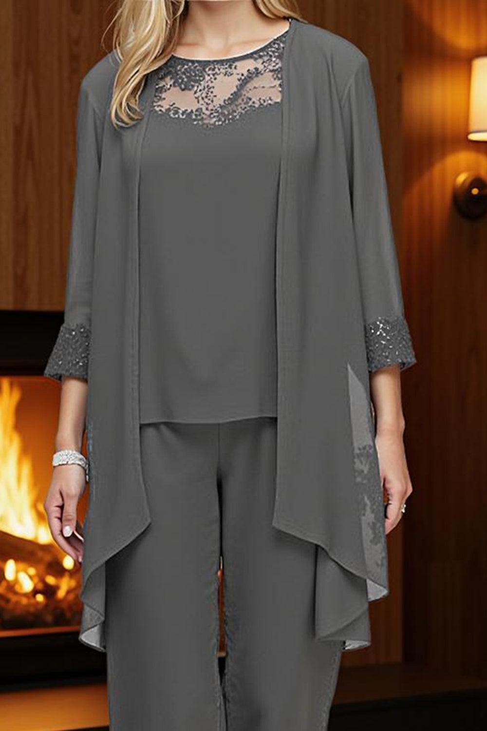 Dreamyannie Steel Grey Chiffon Boat Neck 3 Piece Mother Of The Bride Pant Suits With Jacket