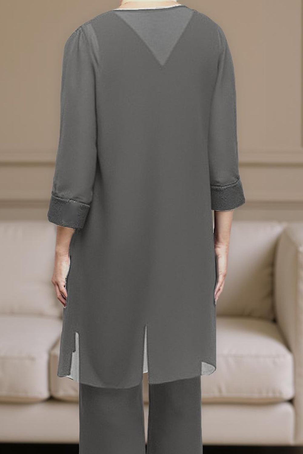 Dreamyannie Steel Grey Chiffon Boat Neck 3 Piece Mother Of The Bride Pant Suits With Jacket