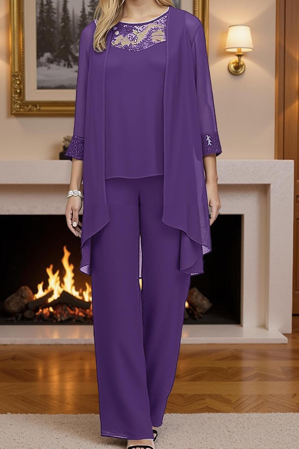 Dreamyannie Steel Grey Chiffon Boat Neck 3 Piece Mother Of The Bride Pant Suits With Jacket
