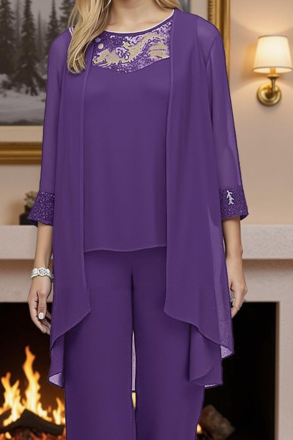 Dreamyannie Steel Grey Chiffon Boat Neck 3 Piece Mother Of The Bride Pant Suits With Jacket