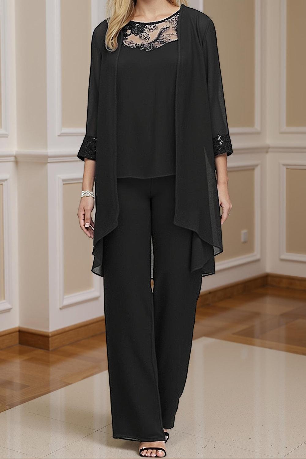 Dreamyannie Steel Grey Chiffon Boat Neck 3 Piece Mother Of The Bride Pant Suits With Jacket