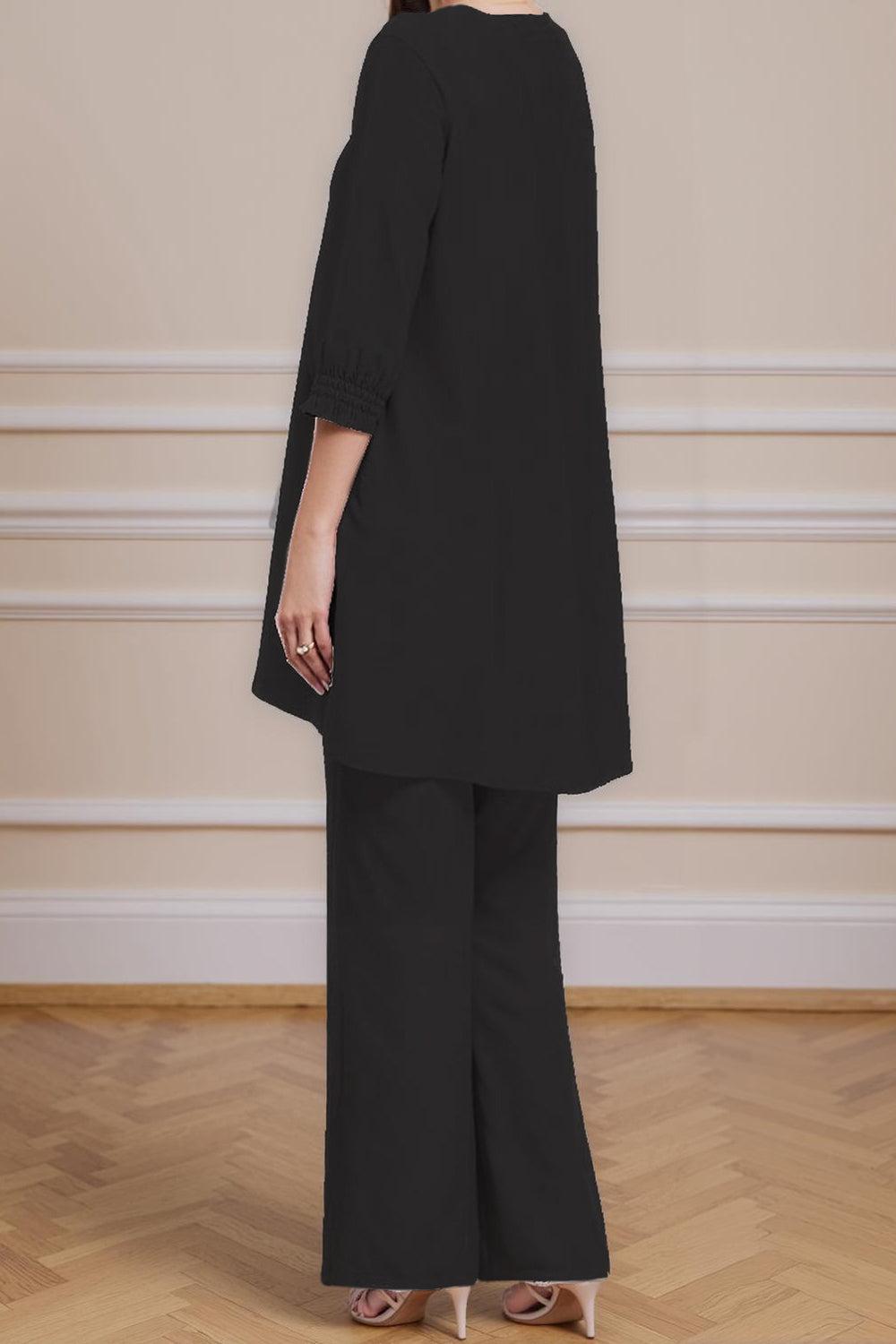 Dreamyannie Steel Grey Chiffon Boat Neck 3 Piece Mother Of The Bride Pant Suits With Jacket
