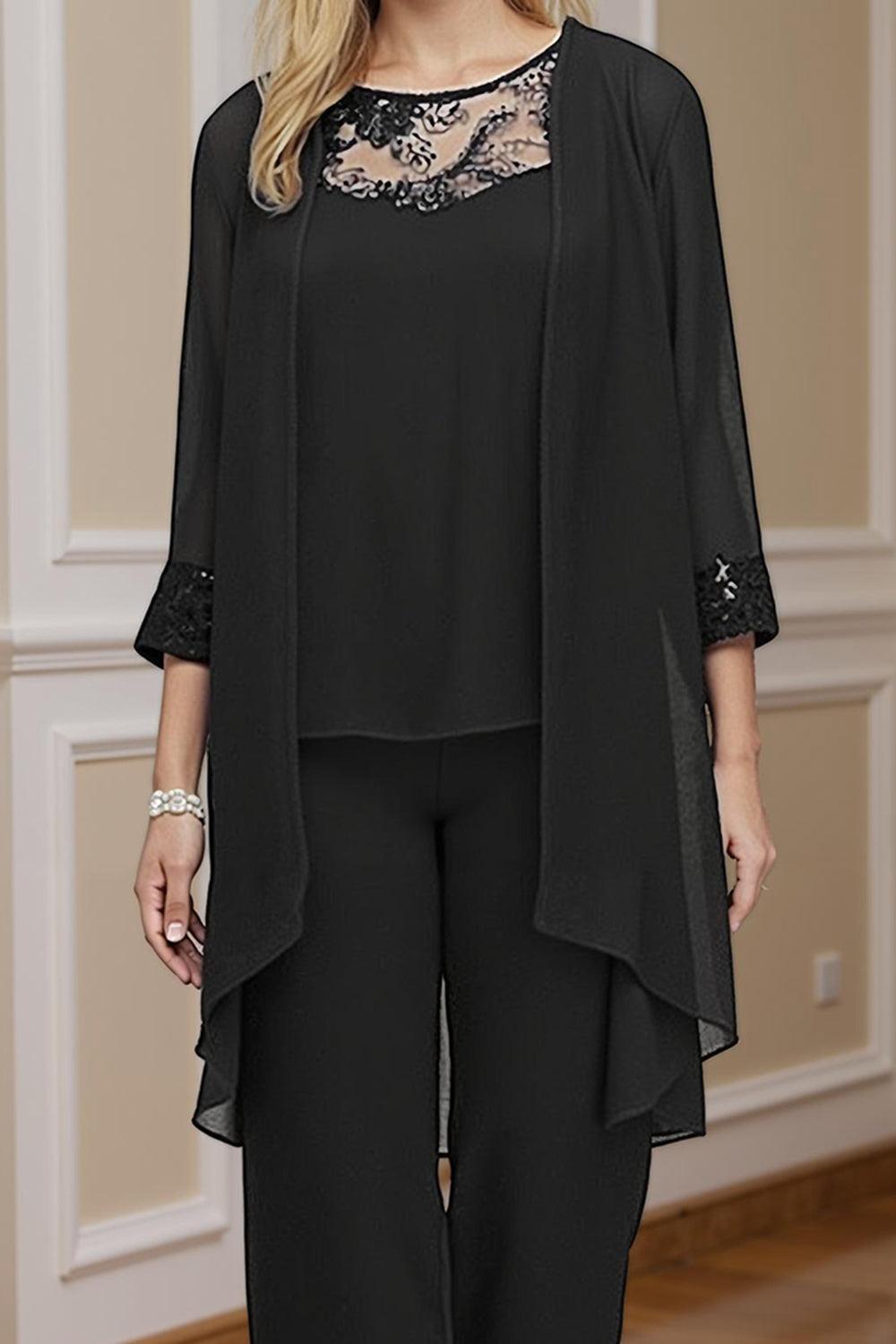 Dreamyannie Steel Grey Chiffon Boat Neck 3 Piece Mother Of The Bride Pant Suits With Jacket
