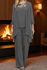 Dreamyannie Steel Grey Chiffon Boat Neck 3 Piece Mother Of The Bride Pant Suits With Jacket