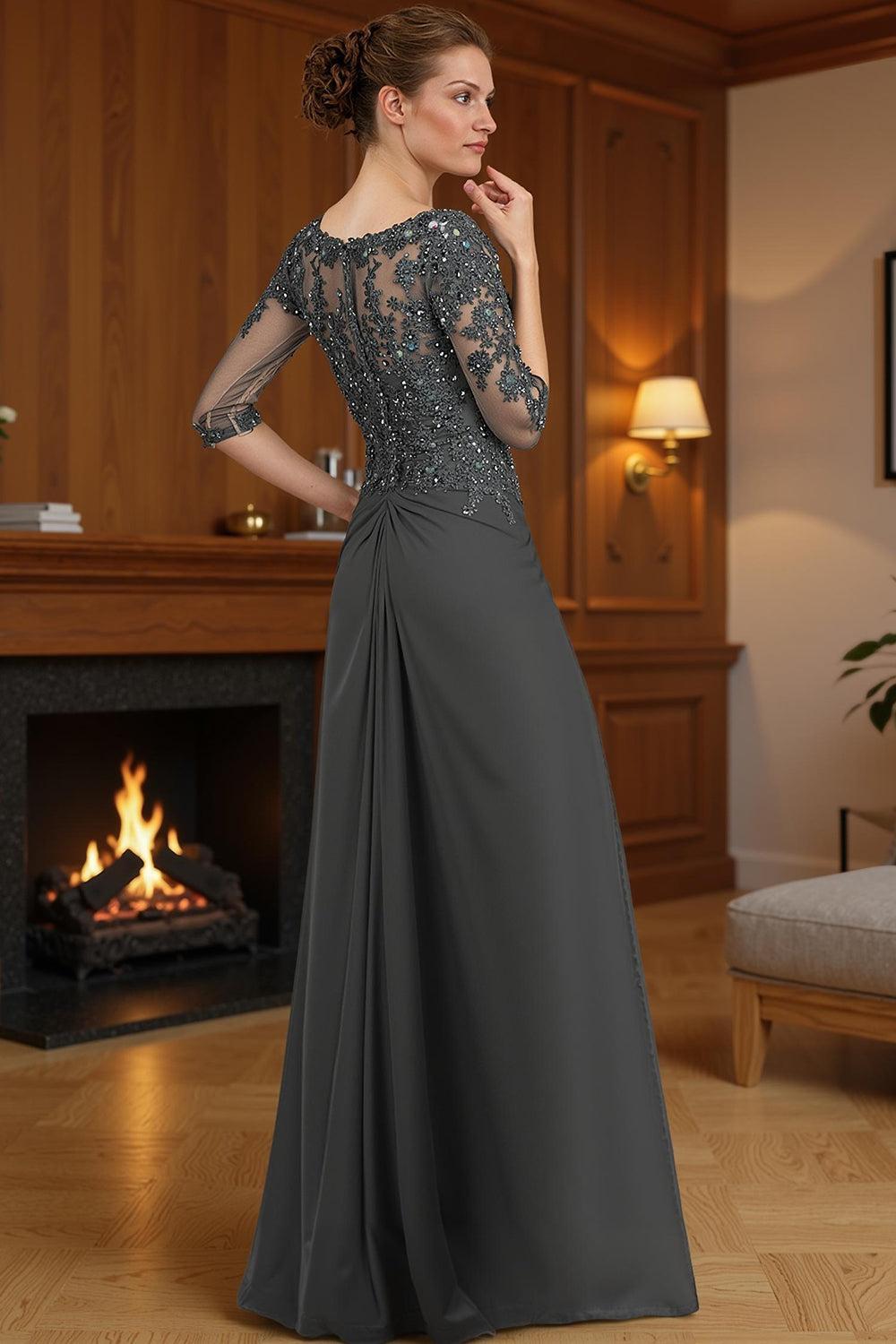 Dreamyannie Steel Grey Chiffon Sheath Floor Length Mother Of The Bride Dress With Cape