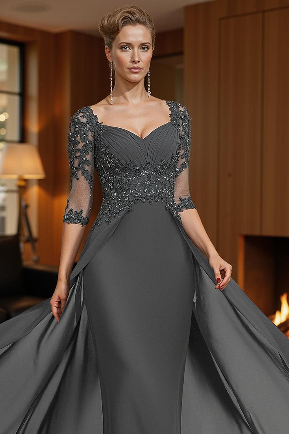 Dreamyannie Steel Grey Chiffon Sheath Floor Length Mother Of The Bride Dress With Cape