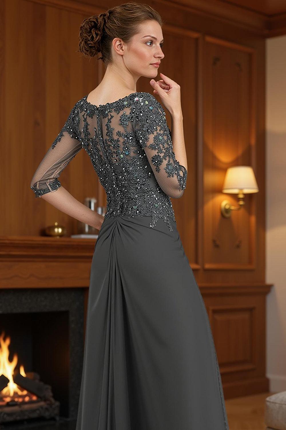 Dreamyannie Steel Grey Chiffon Sheath Floor Length Mother Of The Bride Dress With Cape