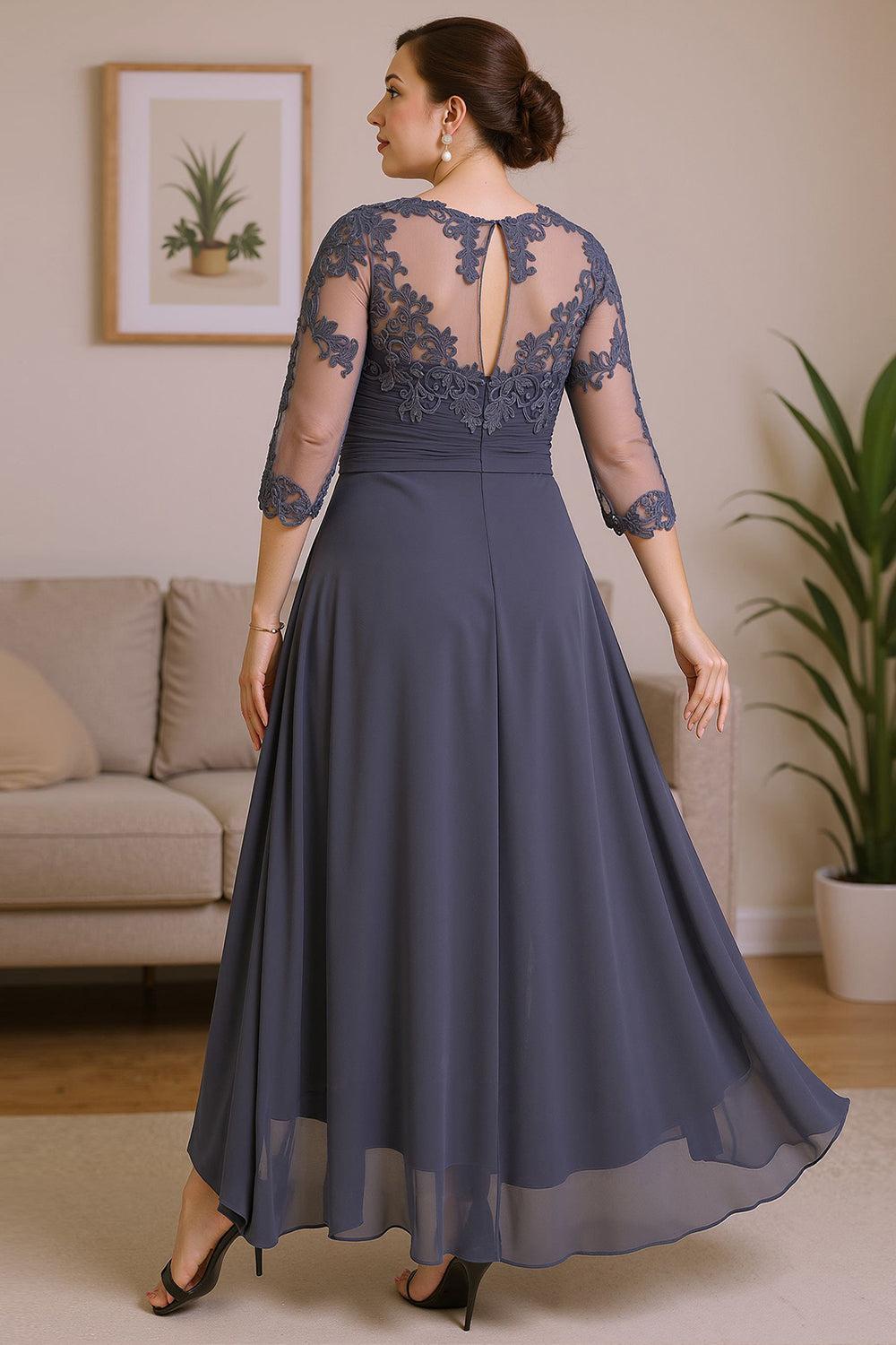 Dreamyannie Steel Grey Round Neck A Line High Low Mother Of The Bride Dress With Ruffles