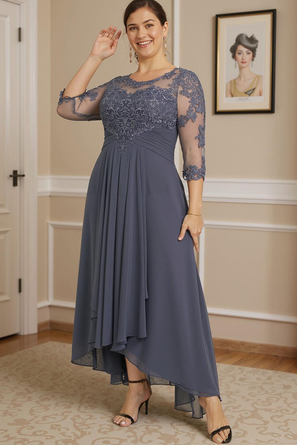 Dreamyannie Steel Grey Round Neck A Line High Low Mother Of The Bride Dress With Ruffles