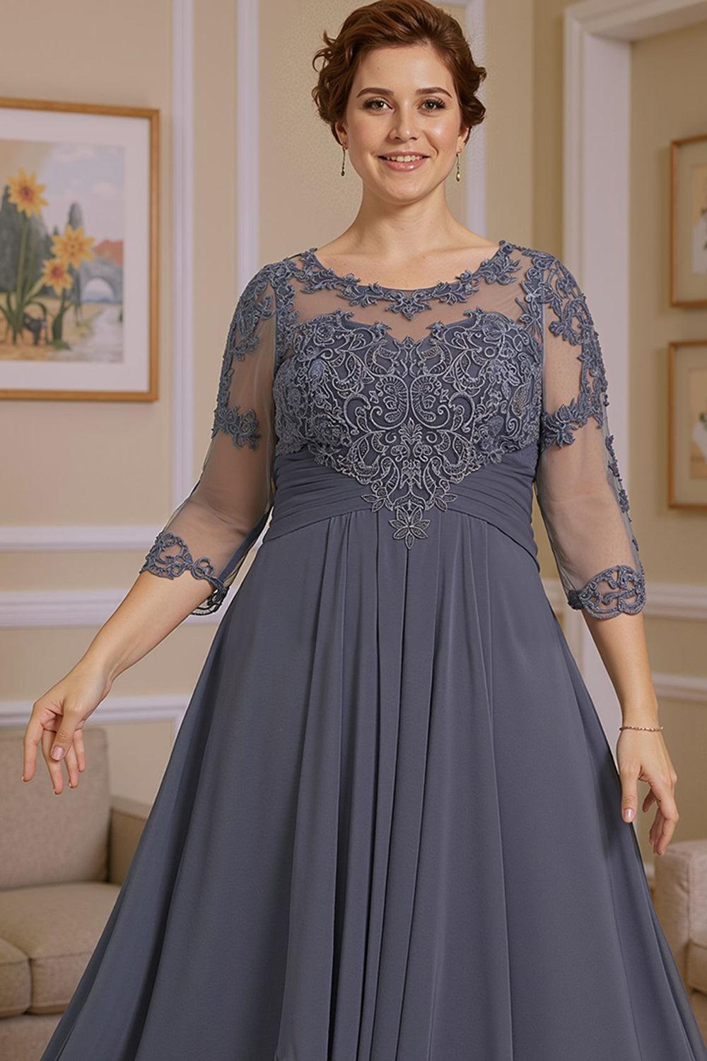 Dreamyannie Steel Grey Round Neck A Line High Low Mother Of The Bride Dress With Ruffles