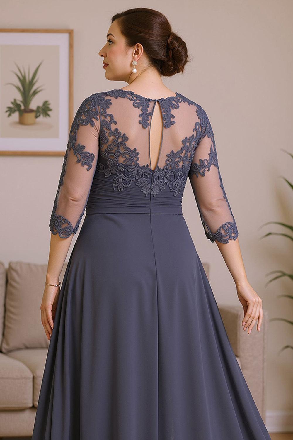 Dreamyannie Steel Grey Round Neck A Line High Low Mother Of The Bride Dress With Ruffles