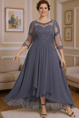 Dreamyannie Steel Grey Round Neck A Line High Low Mother Of The Bride Dress With Ruffles