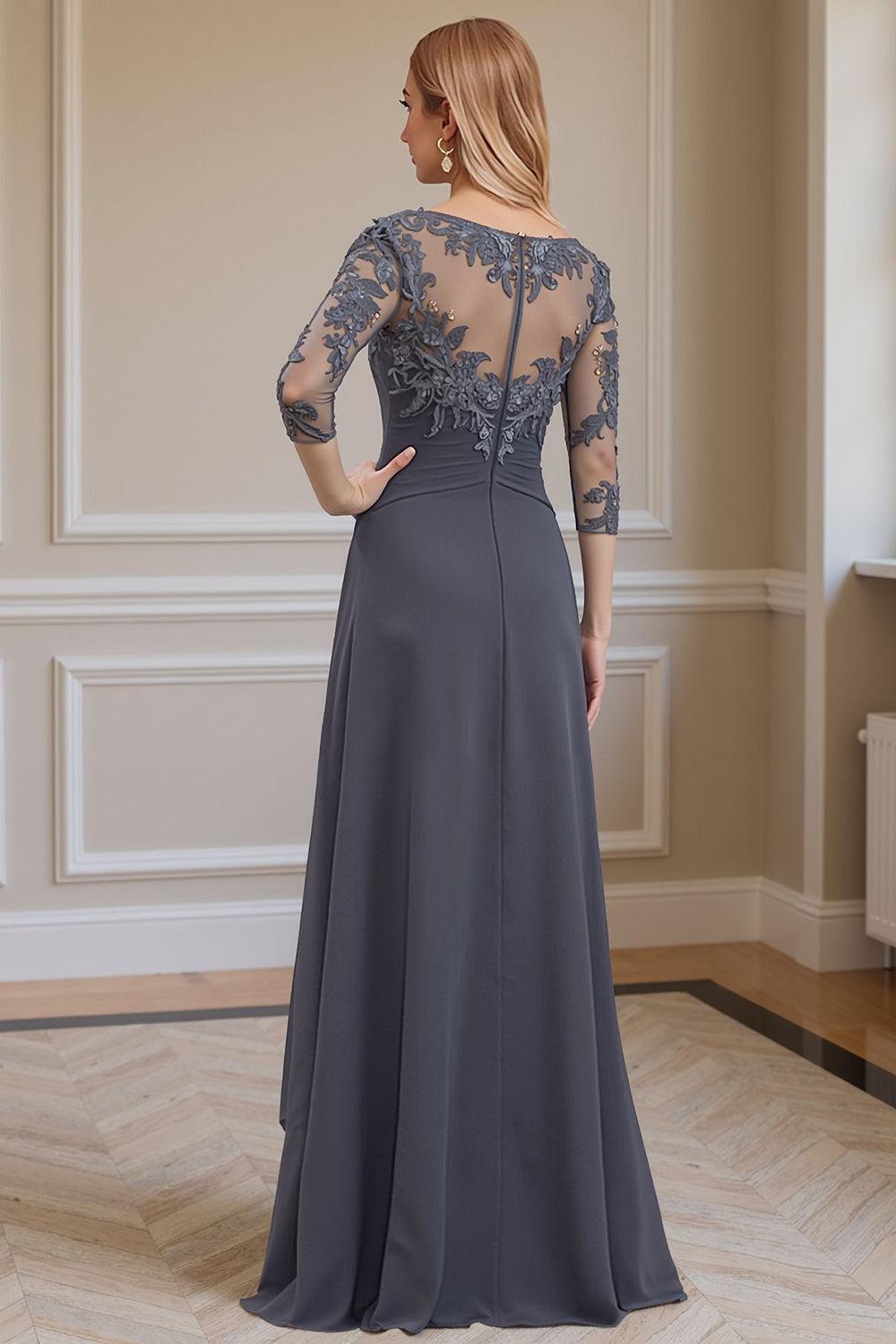 Dreamyannie Steel Grey Ruffled A Line Floor Length Mother Of The Bride Dress With Lace