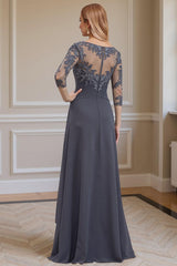 Dreamyannie Steel Grey Ruffled A Line Floor Length Mother Of The Bride Dress With Lace