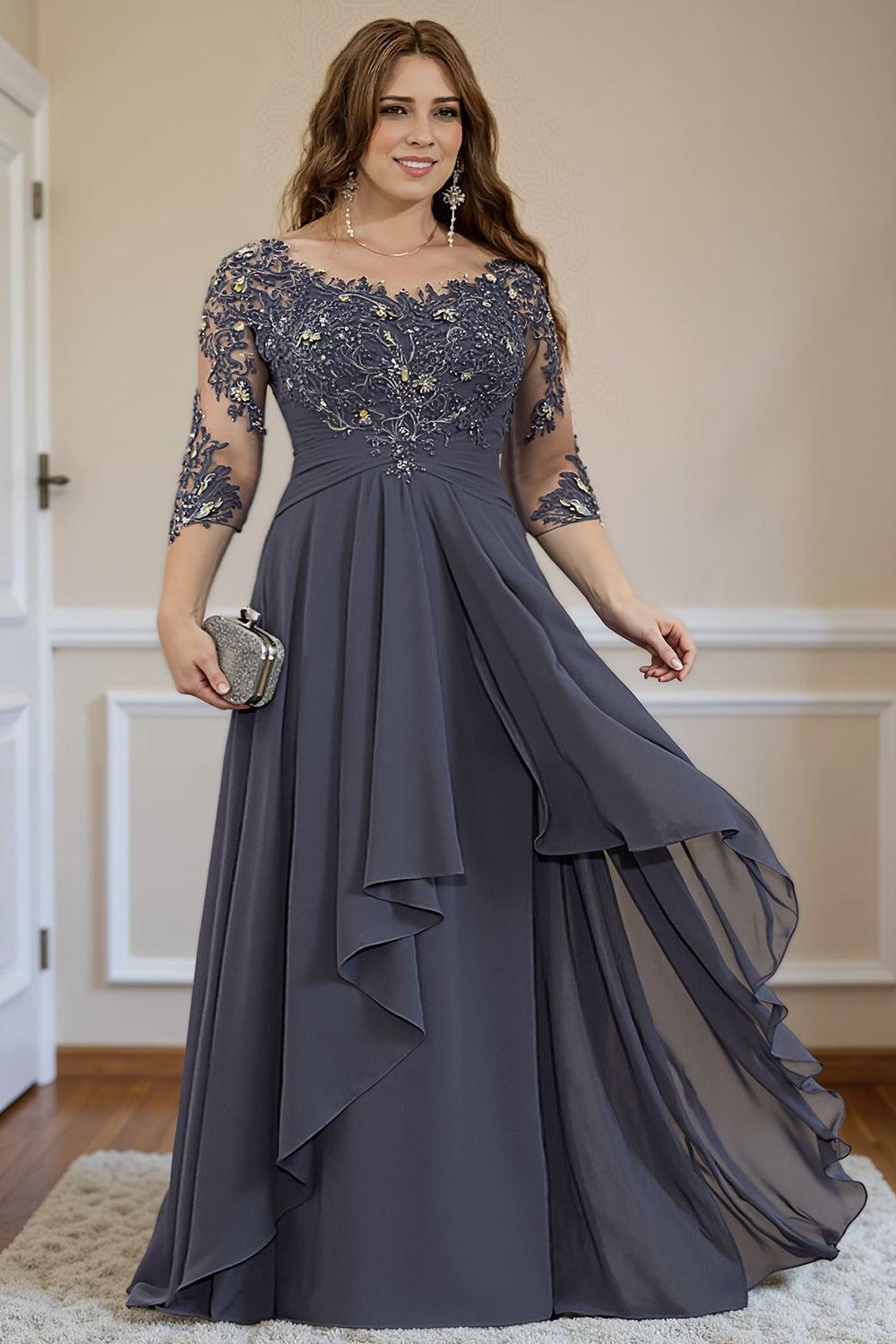 Dreamyannie Steel Grey Ruffled A Line Floor Length Mother Of The Bride Dress With Lace