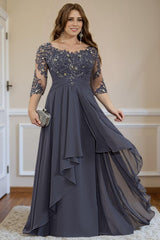 Dreamyannie Steel Grey Ruffled A Line Floor Length Mother Of The Bride Dress With Lace