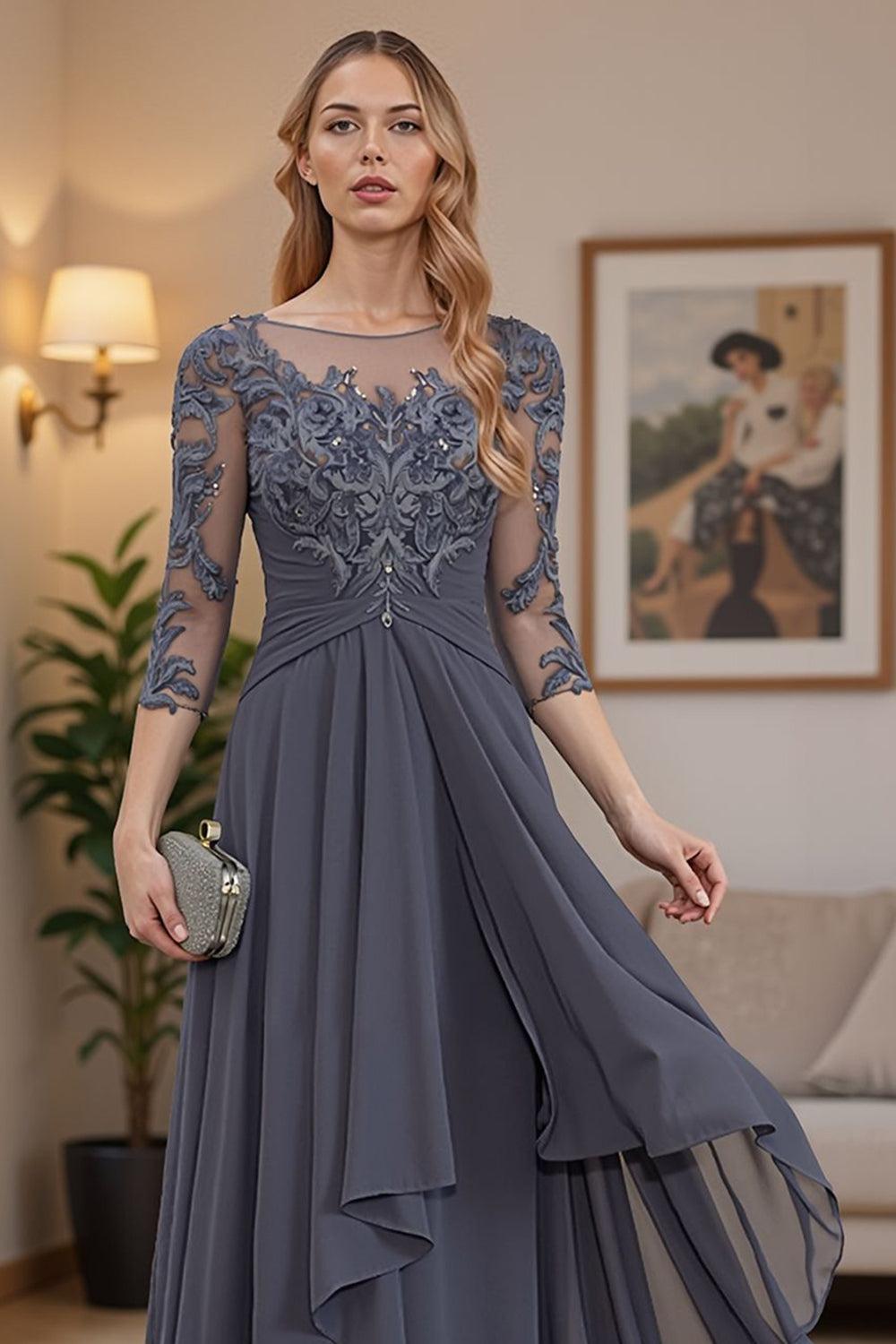 Dreamyannie Steel Grey Ruffled A Line Floor Length Mother Of The Bride Dress With Lace