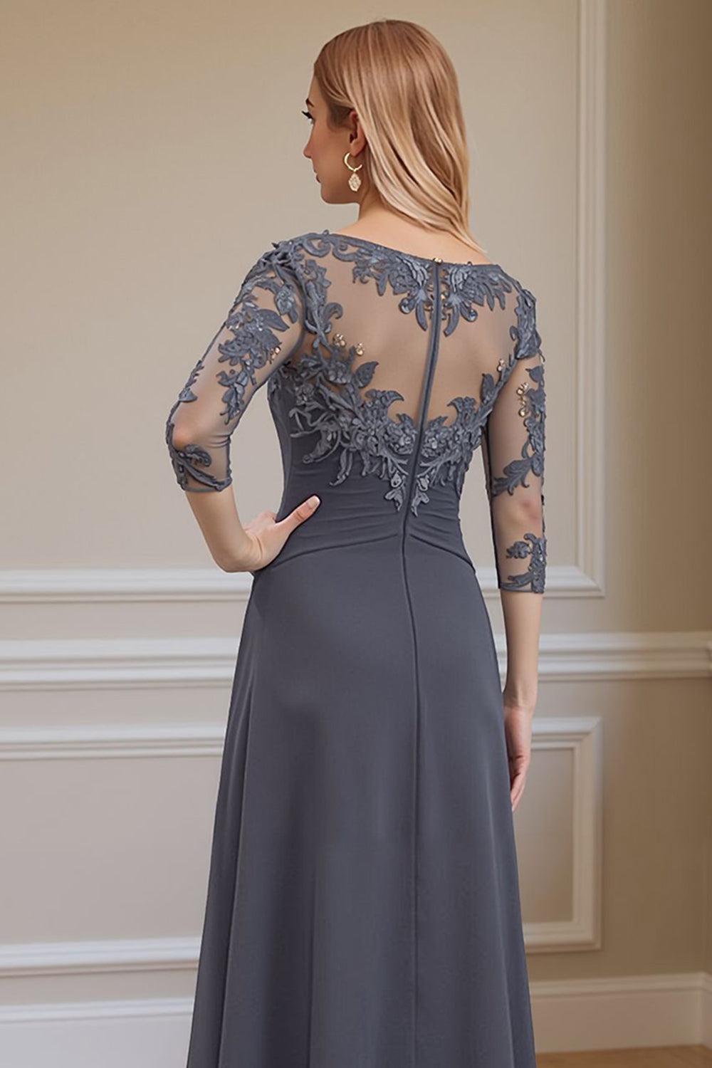 Dreamyannie Steel Grey Ruffled A Line Floor Length Mother Of The Bride Dress With Lace