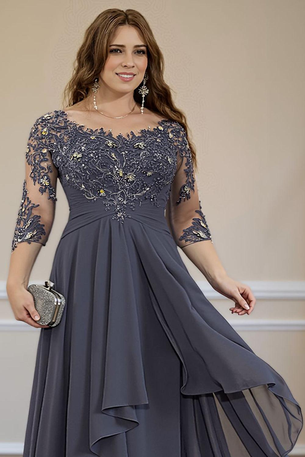 Dreamyannie Steel Grey Ruffled A Line Floor Length Mother Of The Bride Dress With Lace