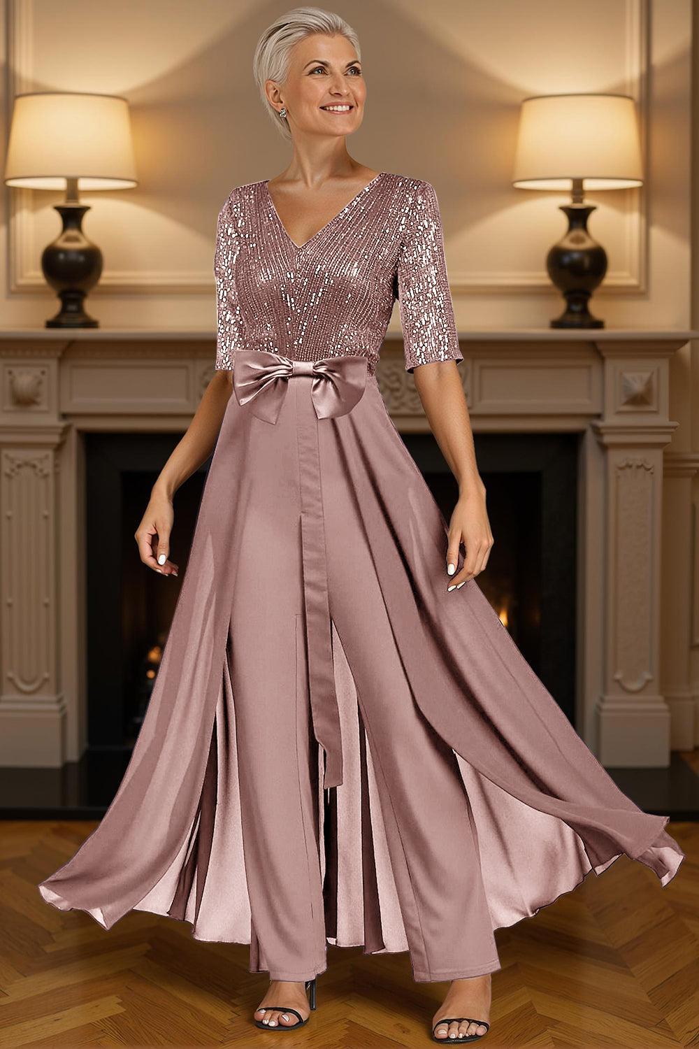 Dreamyannie Steel Grey Sequins Floor Length Mother Of The Bride Jumpsuits With Cape