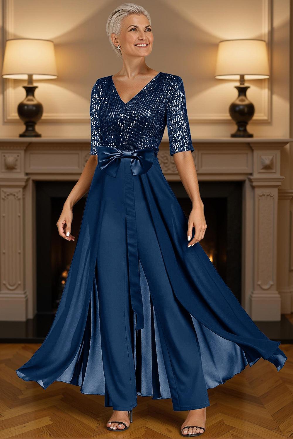 Dreamyannie Steel Grey Sequins Floor Length Mother Of The Bride Jumpsuits With Cape