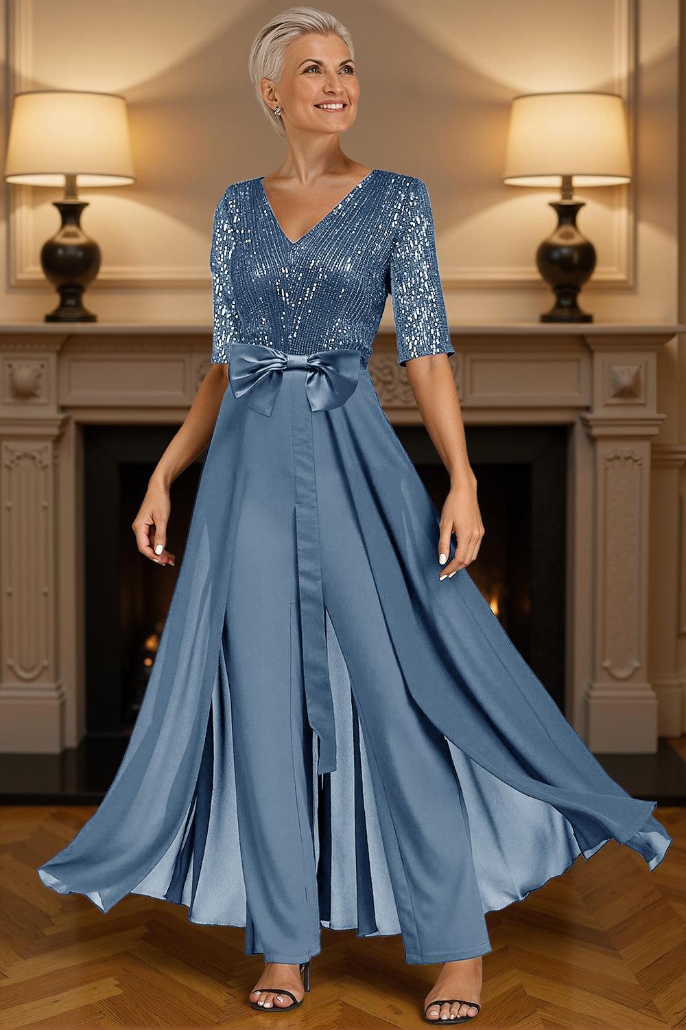 Dreamyannie Steel Grey Sequins Floor Length Mother Of The Bride Jumpsuits With Cape