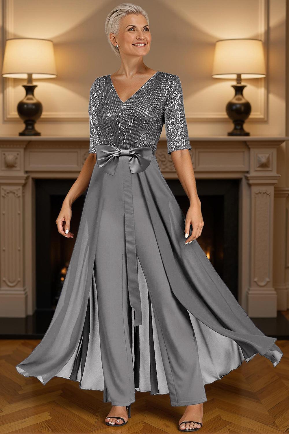 Dreamyannie Steel Grey Sequins Floor Length Mother Of The Bride Jumpsuits With Cape