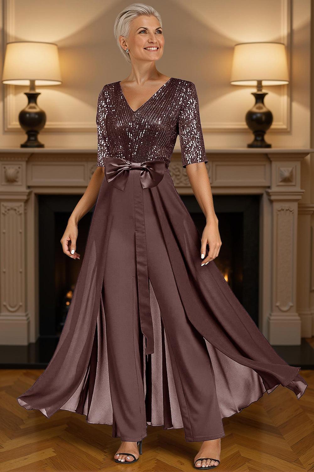 Dreamyannie Steel Grey Sequins Floor Length Mother Of The Bride Jumpsuits With Cape