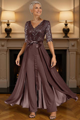 Dreamyannie Steel Grey Sequins Floor Length Mother Of The Bride Jumpsuits With Cape