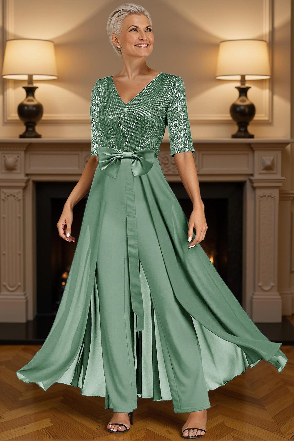 Dreamyannie Steel Grey Sequins Floor Length Mother Of The Bride Jumpsuits With Cape