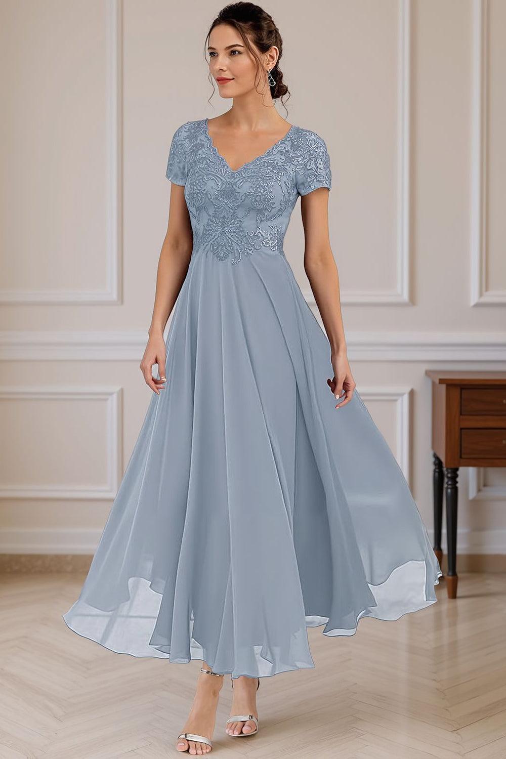 Dreamyannie Steel Grey V Neck A Line Ankle Length Mother Of The Bride Dress With Lace
