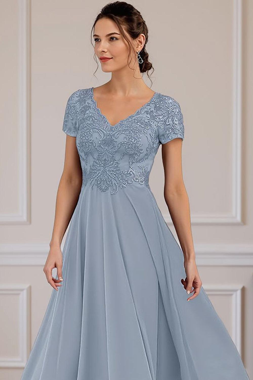 Dreamyannie Steel Grey V Neck A Line Ankle Length Mother Of The Bride Dress With Lace