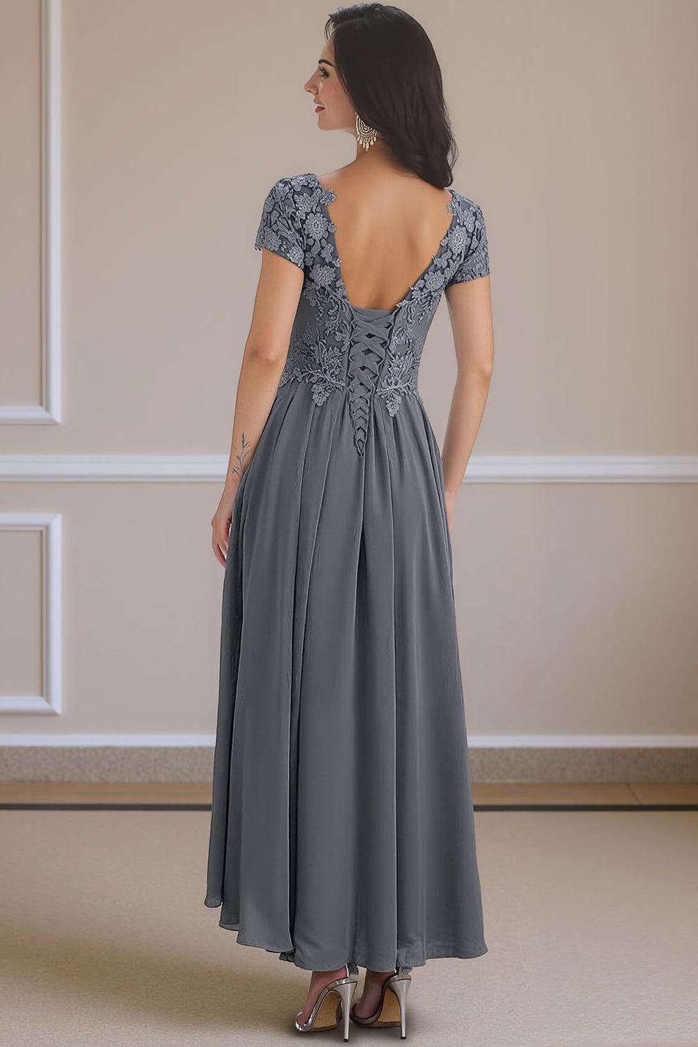 Dreamyannie Steel Grey V Neck A Line Ankle Length Mother Of The Bride Dress With Lace
