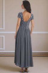 Dreamyannie Steel Grey V Neck A Line Ankle Length Mother Of The Bride Dress With Lace