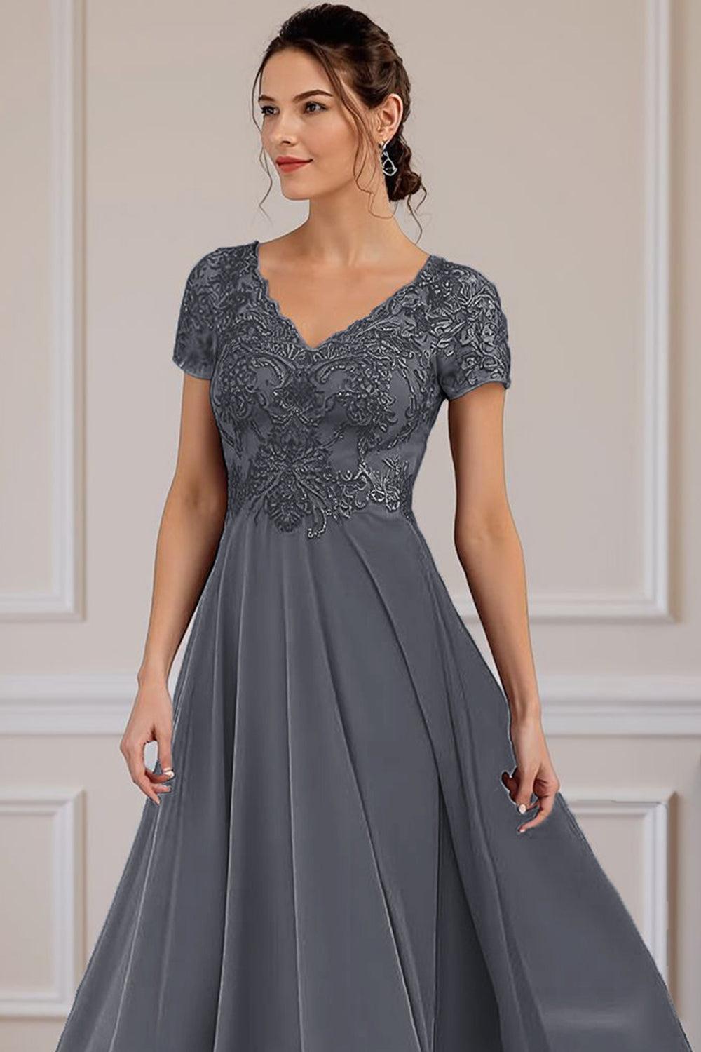 Dreamyannie Steel Grey V Neck A Line Ankle Length Mother Of The Bride Dress With Lace