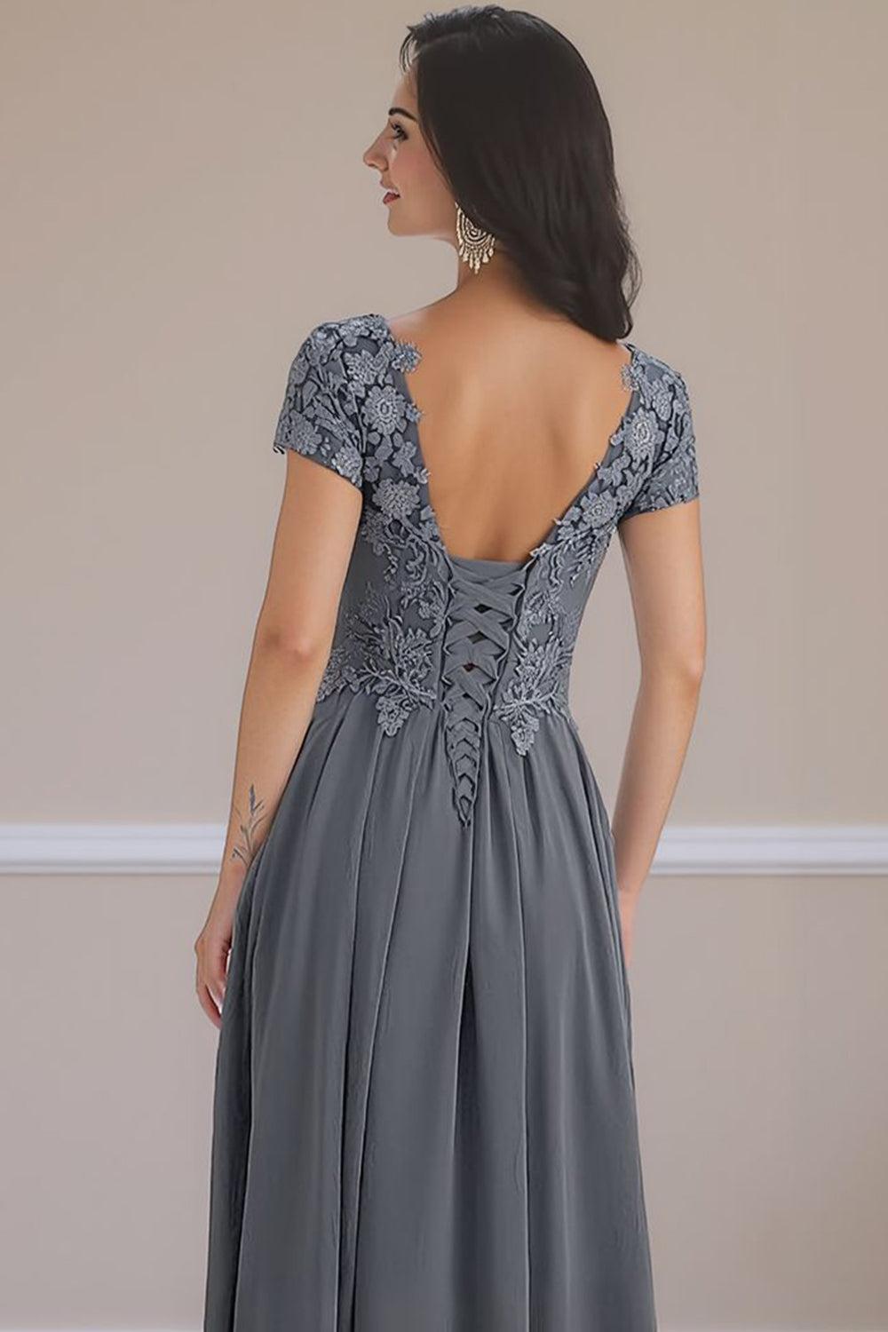 Dreamyannie Steel Grey V Neck A Line Ankle Length Mother Of The Bride Dress With Lace