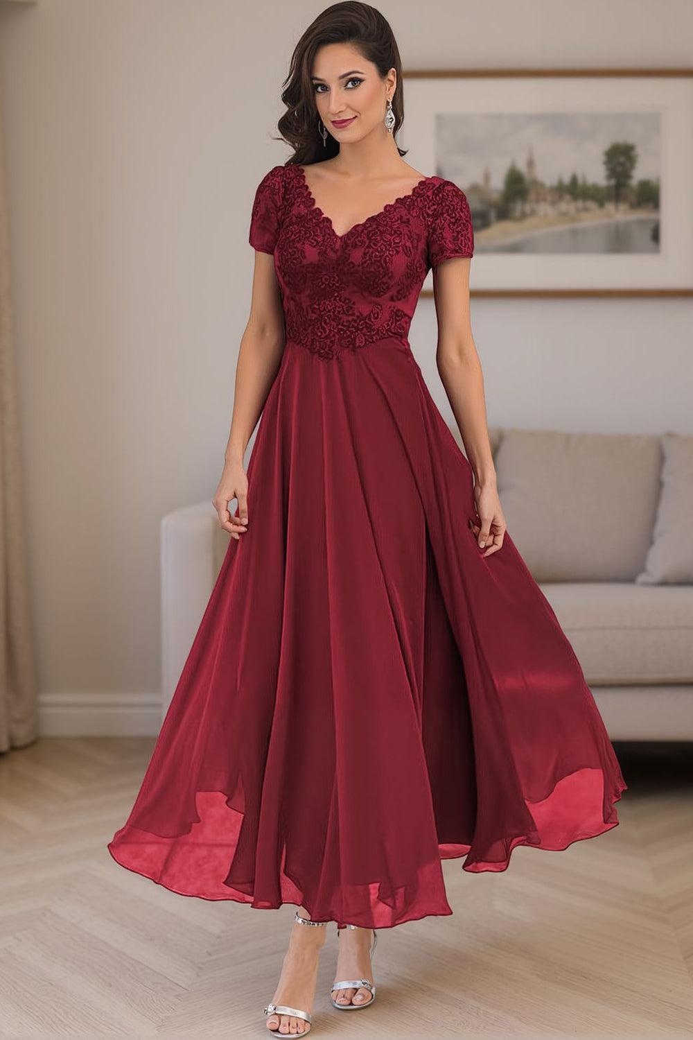 Dreamyannie Steel Grey V Neck A Line Ankle Length Mother Of The Bride Dress With Lace