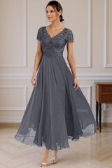 Dreamyannie Steel Grey V Neck A Line Ankle Length Mother Of The Bride Dress With Lace