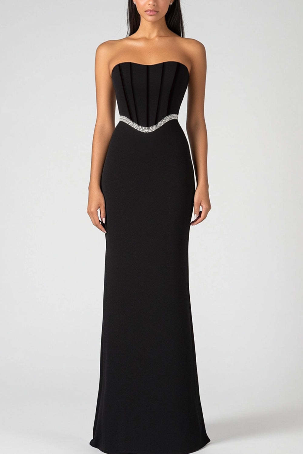 Dreamyannie Strapless Black Wedding Guest Dress Corset Sheath Long Formal Dress