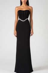 Dreamyannie Strapless Black Wedding Guest Dress Corset Sheath Long Formal Dress