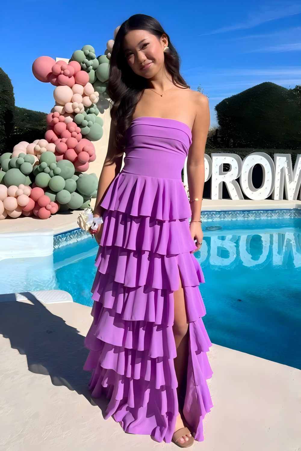 Dreamyannie Stylish A Line Strapless Purple Long Prom Dress With Ruffles Split Front Formal Evening Gown