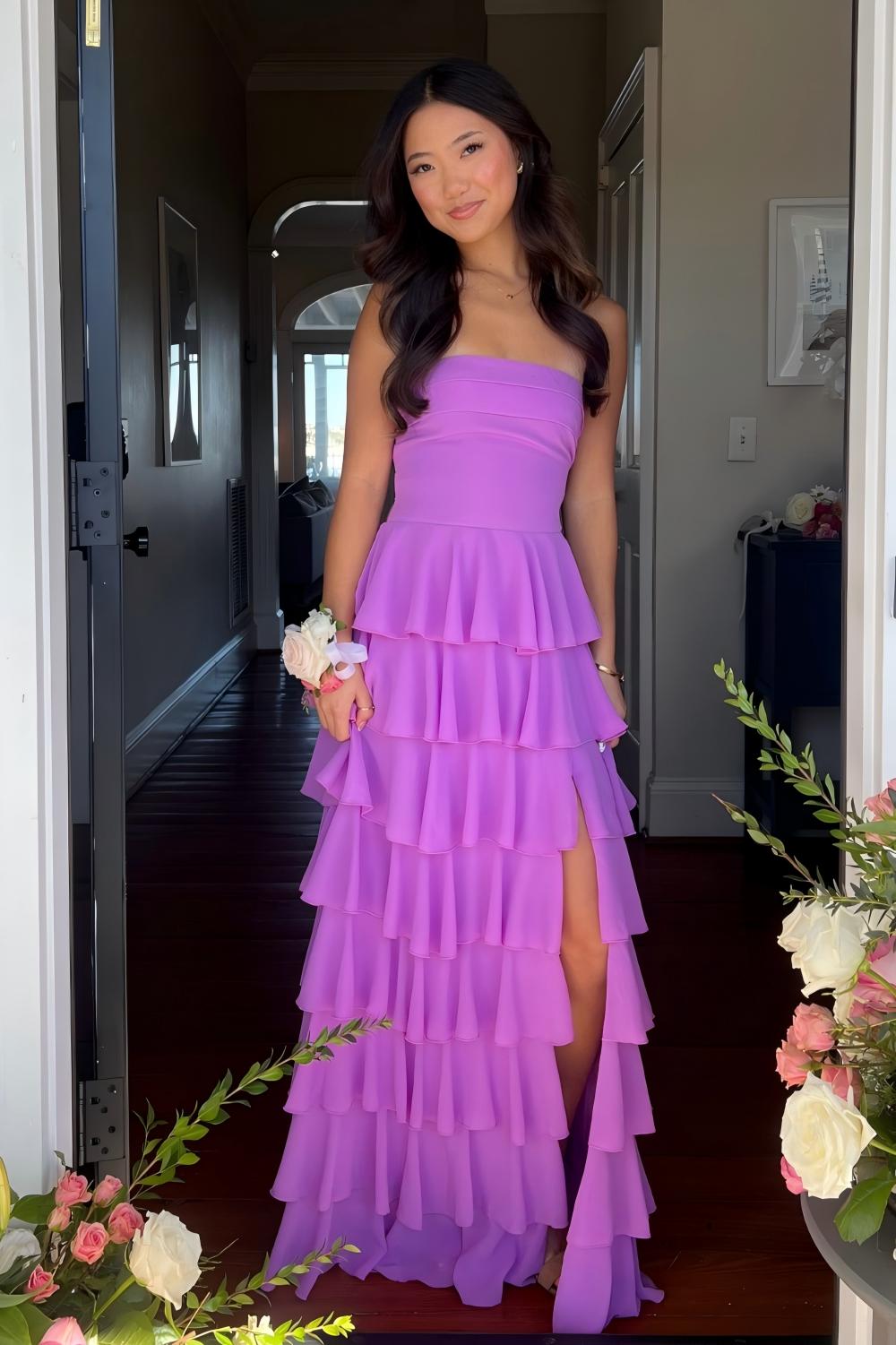 Dreamyannie Stylish A Line Strapless Purple Long Prom Dress With Ruffles Split Front Formal Evening Gown