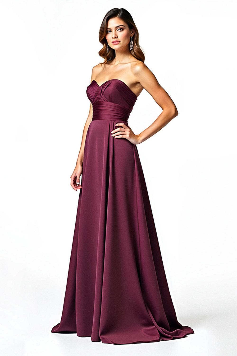 Dreamyannie Sweetheart A Line Burgundy Wedding Guest Dress Long Ruched Formal Dress