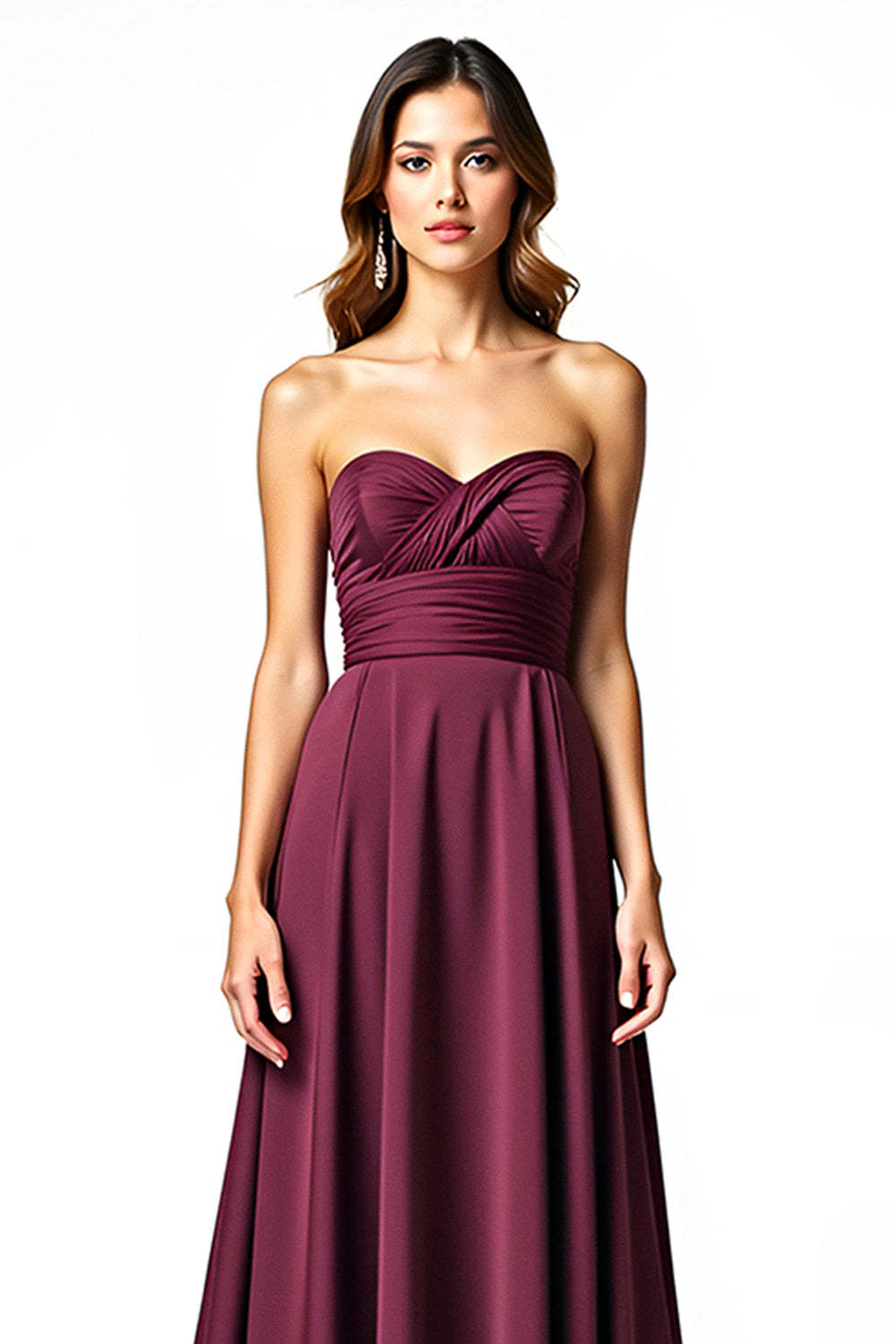 Dreamyannie Sweetheart A Line Burgundy Wedding Guest Dress Long Ruched Formal Dress