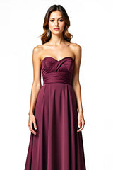 Dreamyannie Sweetheart A Line Burgundy Wedding Guest Dress Long Ruched Formal Dress
