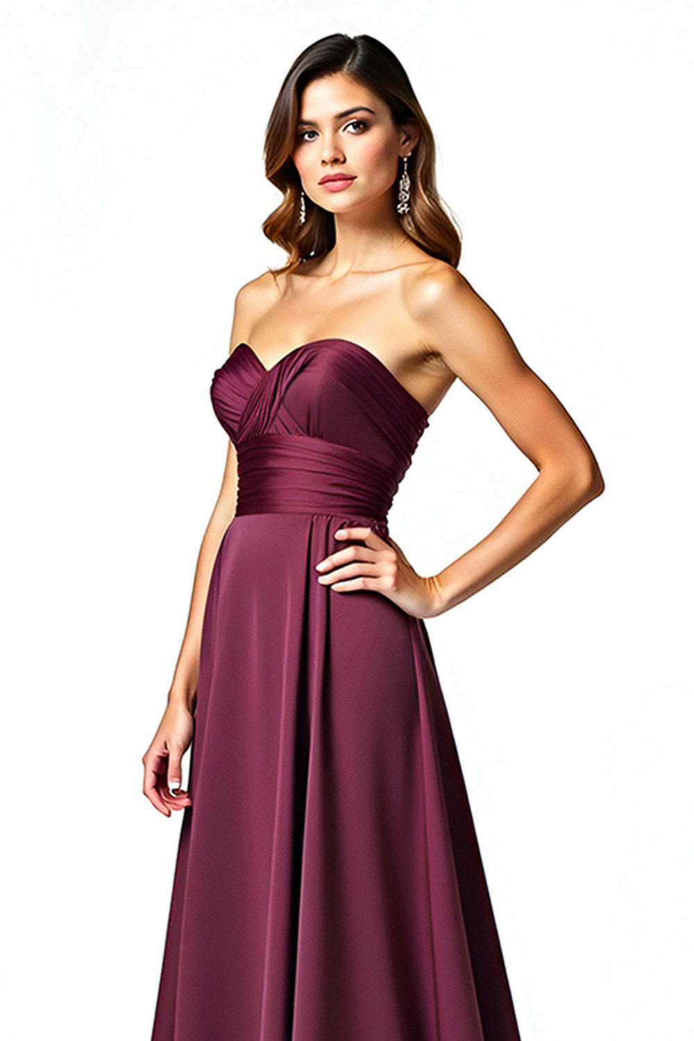 Dreamyannie Sweetheart A Line Burgundy Wedding Guest Dress Long Ruched Formal Dress