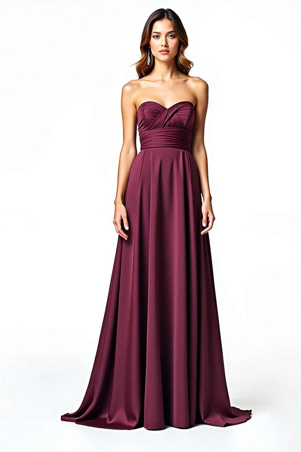 Dreamyannie Sweetheart A Line Burgundy Wedding Guest Dress Long Ruched Formal Dress